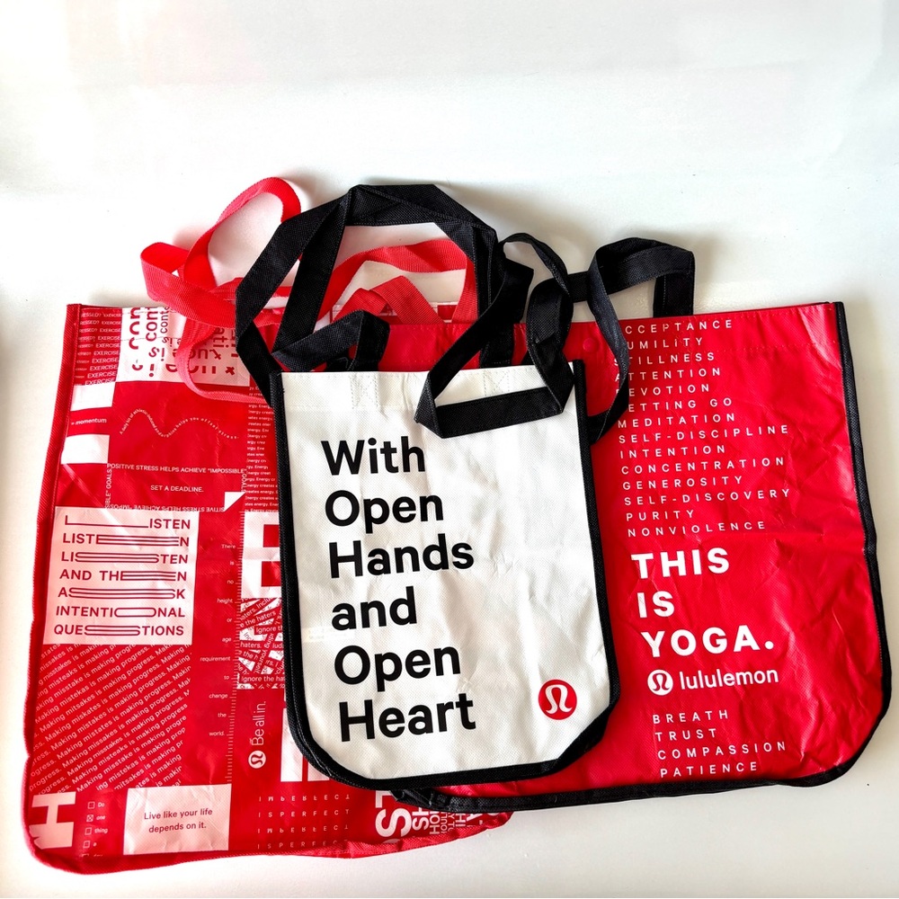 Set of 3 Lululemon Red and White Reusable Empty Shopping Gift Bags Totes
